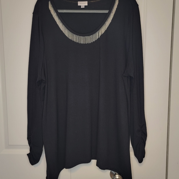 Avenue Women's Plus  Black Knit Sweater Rushed Sleeves Silver Bead Trim - 22/24 - Picture 2 of 9